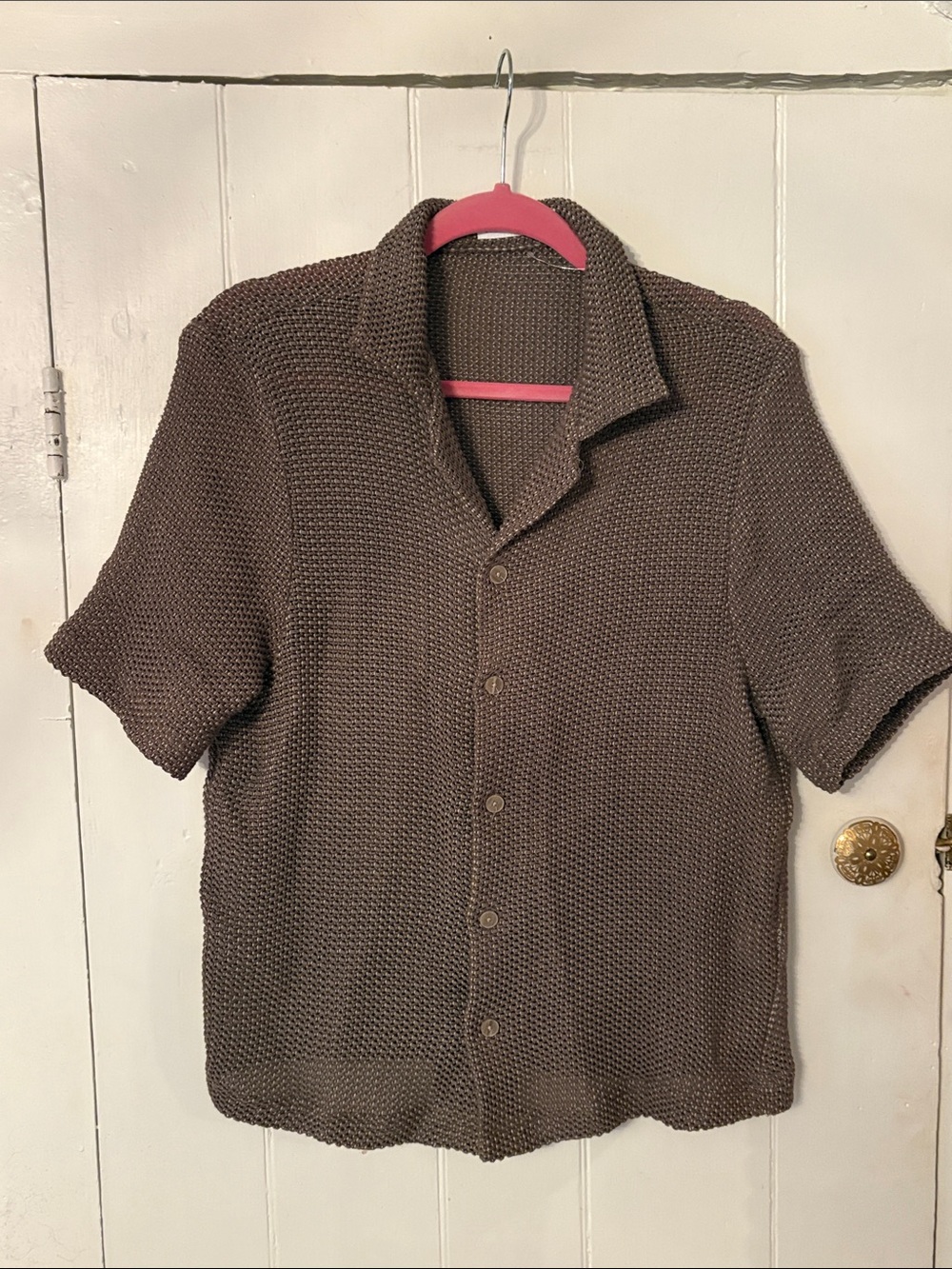 Women’s Zara Short-Sleeve Knit Button-Up Shirt - Taupe NWOT M